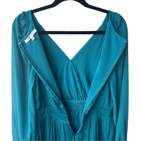 NAKED ZEBRA Teal Blue Faux Wrap Front Tiered Sheer Sleeve Mini Dress Size Medium - Picture 8 of 10